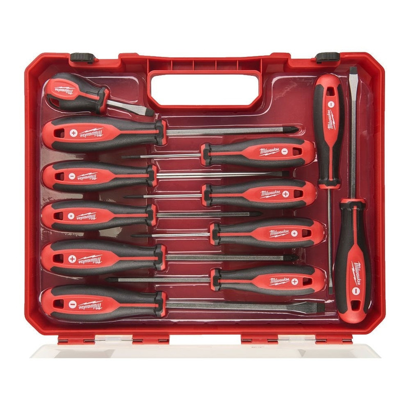 A red plastic carrying case containing a set of ten assorted Milwaukee screwdrivers, each with black and red handles and neatly arranged in individual slots.