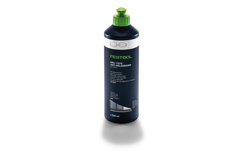 A black bottle of Festool MPA 11010 anti-hologram polish with a green cap, white label, and 500 ml capacity, standing upright on a white background.
