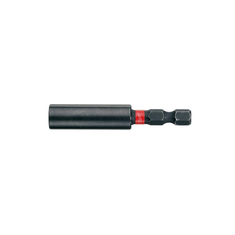 A black magnetic screwdriver bit holder with a hex shank and a red ring near the base, isolated on a white background.