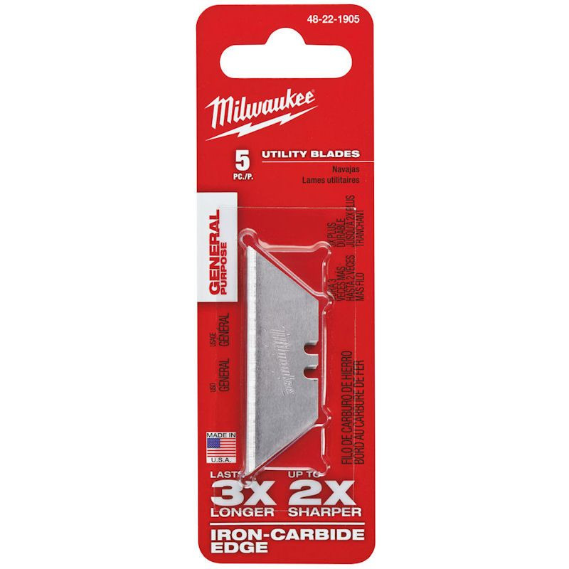 A red and white Milwaukee utility blades package contains 5 blades. The packaging highlights that the blades last 3 times longer and are up to 2 times sharper, featuring an iron-carbide edge. Product information is provided in both English and Spanish.