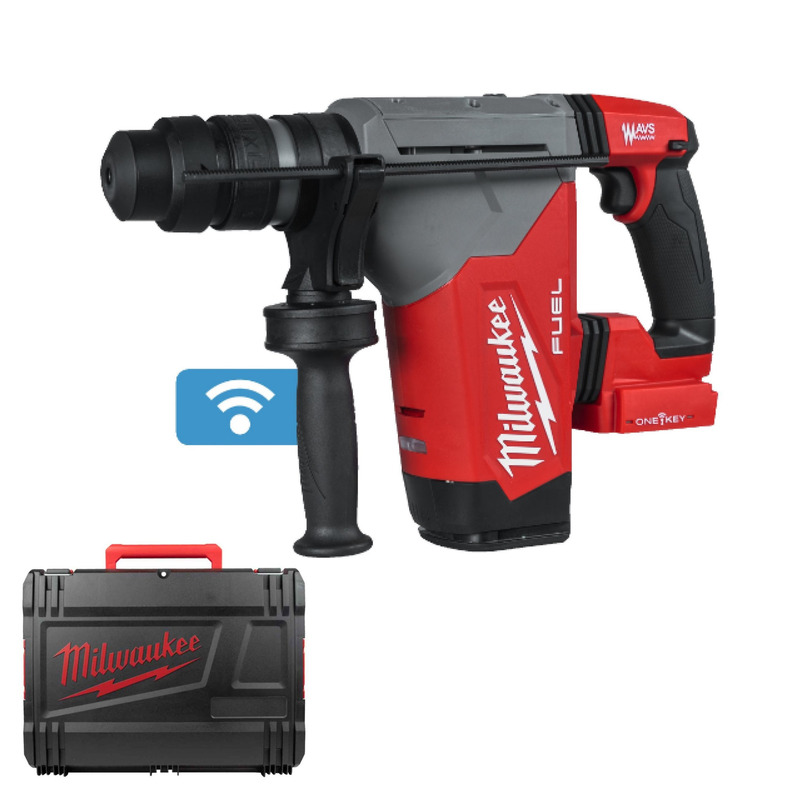 A red and black Milwaukee cordless rotary hammer drill with a side handle, featuring a wireless connectivity icon, and a matching black carrying case.