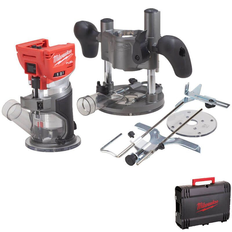 A Milwaukee cordless compact router kit displayed with two bases, adjustment tools, a circular guide, and a black carrying case with a red handle. The main router has a red motor with clear and black attachments.