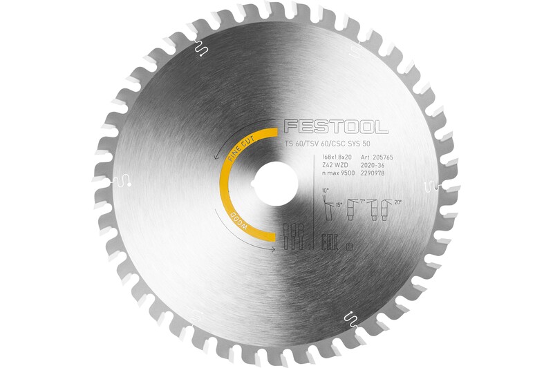 A circular saw blade with sharp, evenly spaced teeth and engraved markings, including the Festool brand name and specifications, against a white background.