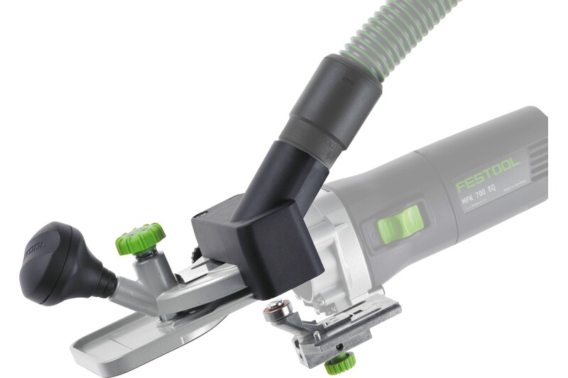 Close-up view of the Festool 495165 Router Table FT-MFK 700 1.5° Set with vacuum hose, highlighting adjustment knobs and a dust extraction attachment—ideal for precise work with your Festool router table setup.