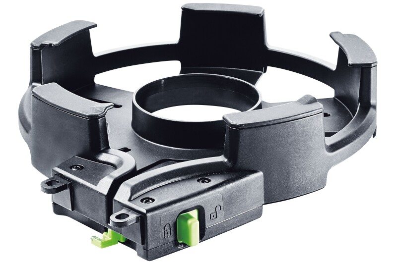 A black circular plastic tool attachment with four raised arms, a central hole, and green locking clips at the front. The design appears technical, possibly for securing or mounting.