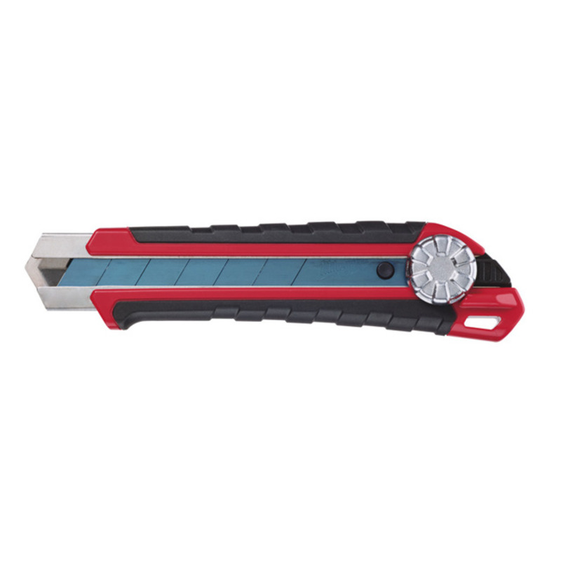 A retractable utility knife with a segmented metal blade, a red and black plastic handle, and a silver adjustment wheel.
