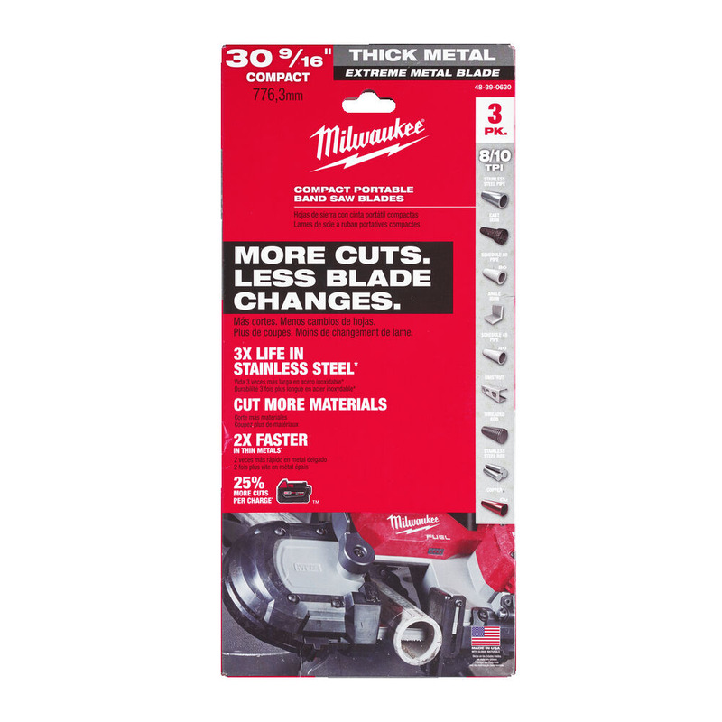 Red and white packaging for Milwaukee compact portable band saw blades, highlighting features such as More Cuts. Less Blade Changes., 3-pack, 30-9/16, and suitable for thick metal and stainless steel.