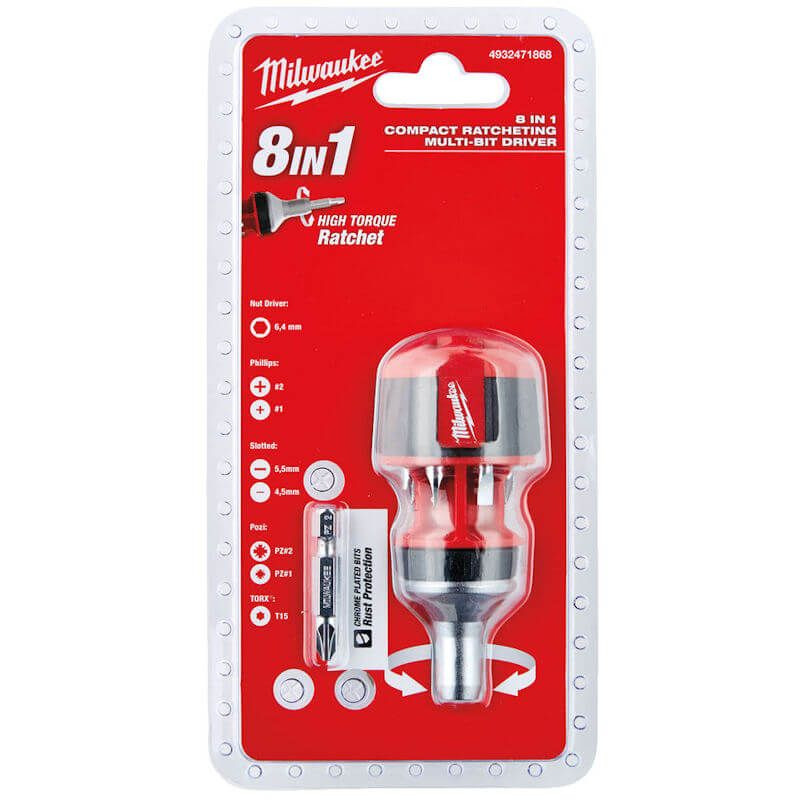Milwaukee 8-in-1 compact ratcheting multi-bit driver in packaging, featuring the tool with a red and silver handle, interchangeable bits, and product information displayed on a red and white background.
