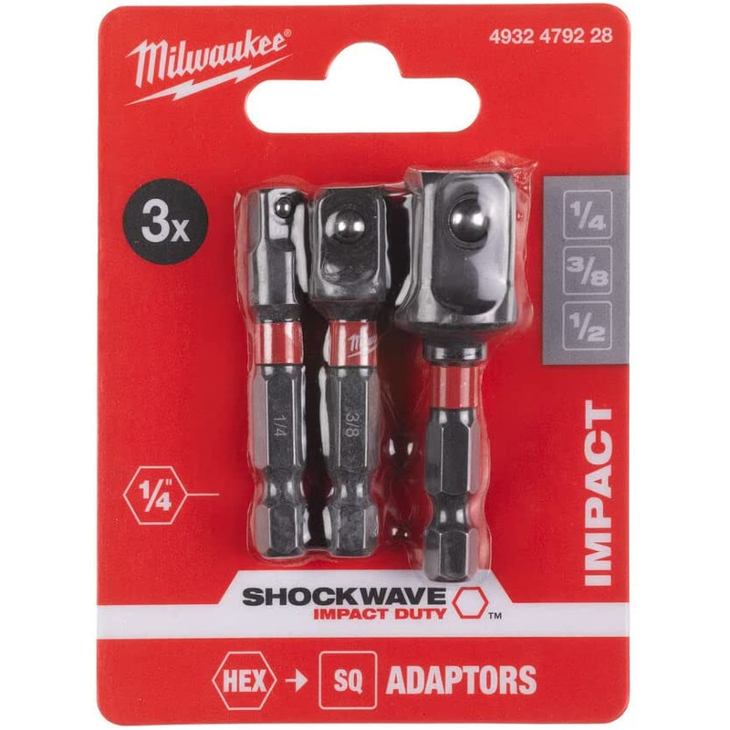 Milwaukee Shockwave Impact Duty adaptor set in red packaging, containing three hex to square drive adaptors of different sizes, labeled for 1/4, 3/8, and 1/2 sockets.
