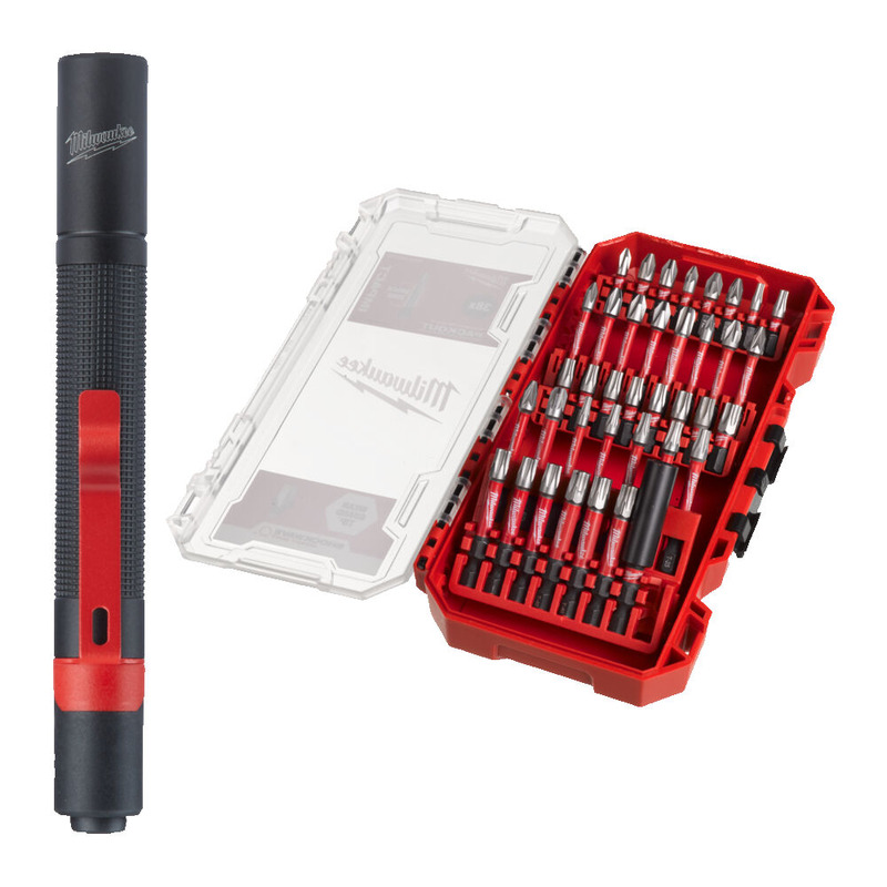 A black and red Milwaukee pen-style tool next to an open red and clear case filled with various screwdriver bits organized in rows.