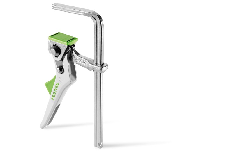 A silver metal bar clamp with a green and gray handle and trigger, labeled FESTOOL, designed for securing materials during woodworking or construction tasks.