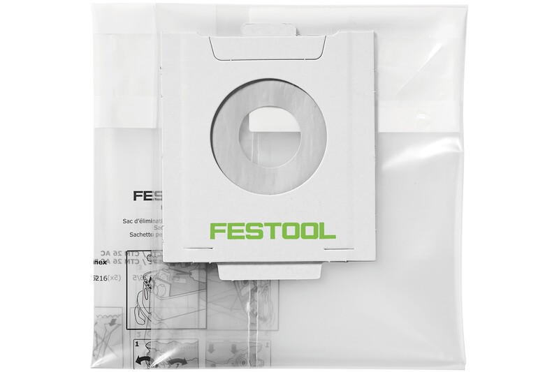 A Festool vacuum cleaner bag in its packaging, featuring a cardboard collar with a circular opening and the green Festool logo, with instructions visible behind the plastic wrapper.