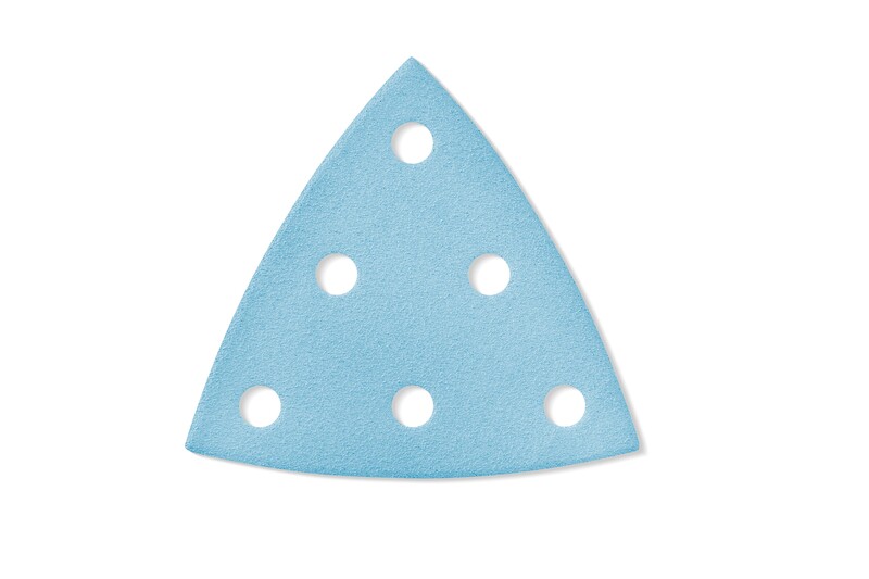 A blue, triangular sanding pad with six evenly spaced circular holes. The pad appears clean and is photographed on a white background.