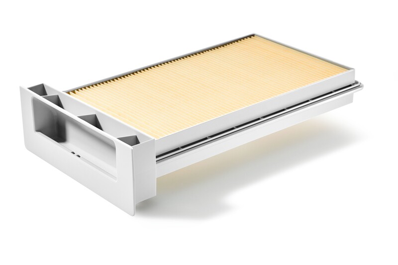 A rectangular, pleated air filter with a white plastic frame, shown on a white background. The filter surface is light yellow and the frame has an extended edge with multiple compartments.