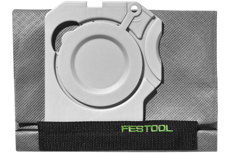 A grey Festool vacuum filter bag with a round plastic connector sits against a textured background. A black strap with green FESTOOL branding runs horizontally across the lower part.