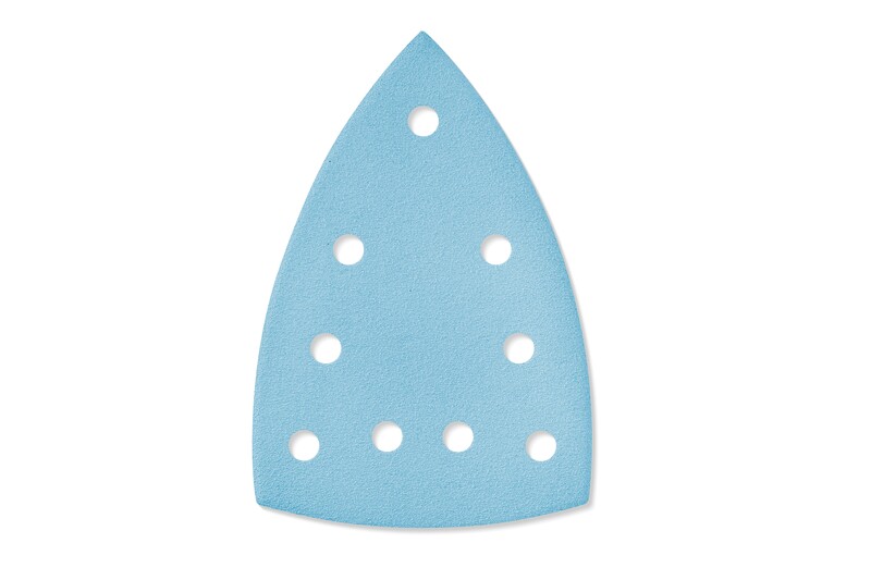 The Delta P180/GR/10 pack includes 10 blue, triangular sandpaper sheets with six round holes each, designed for detail sanders.