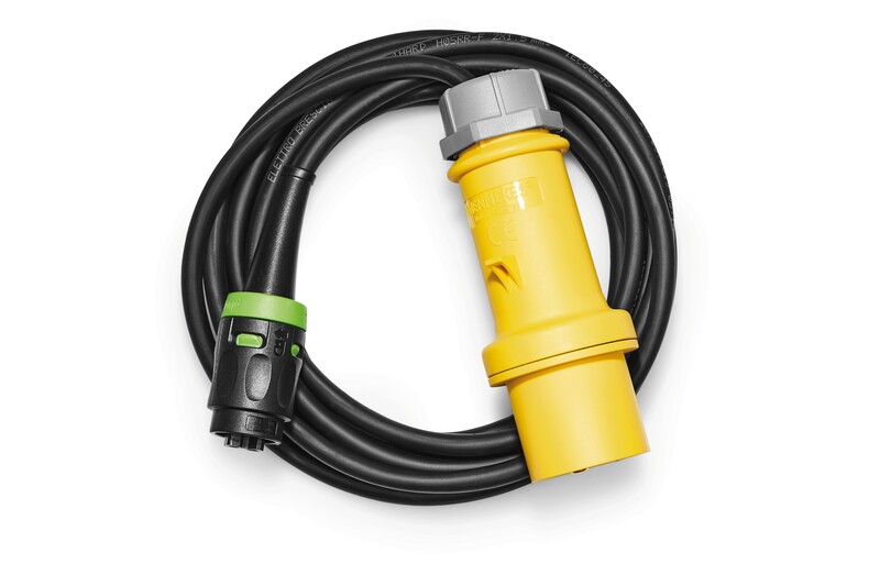 A coiled black power cable with a yellow industrial plug on one end and a black and green connector on the other, placed on a white background.