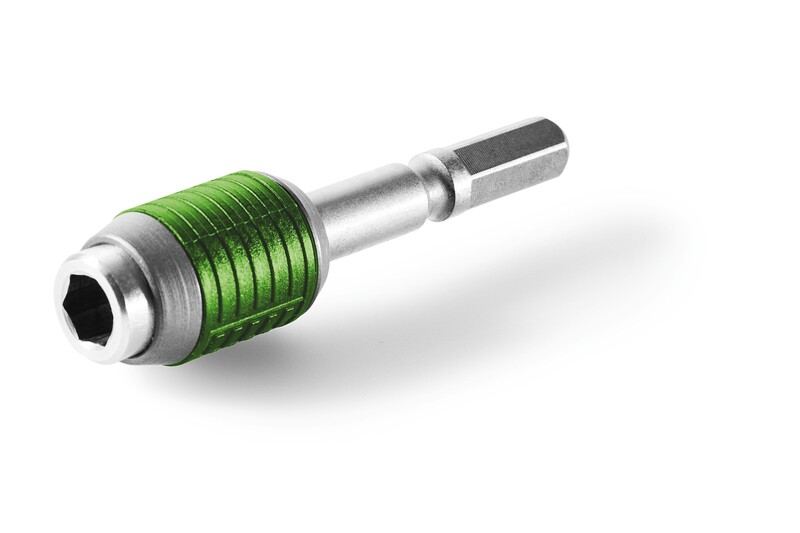 A close-up of a green and silver hexagonal screwdriver bit adapter, isolated on a white background.