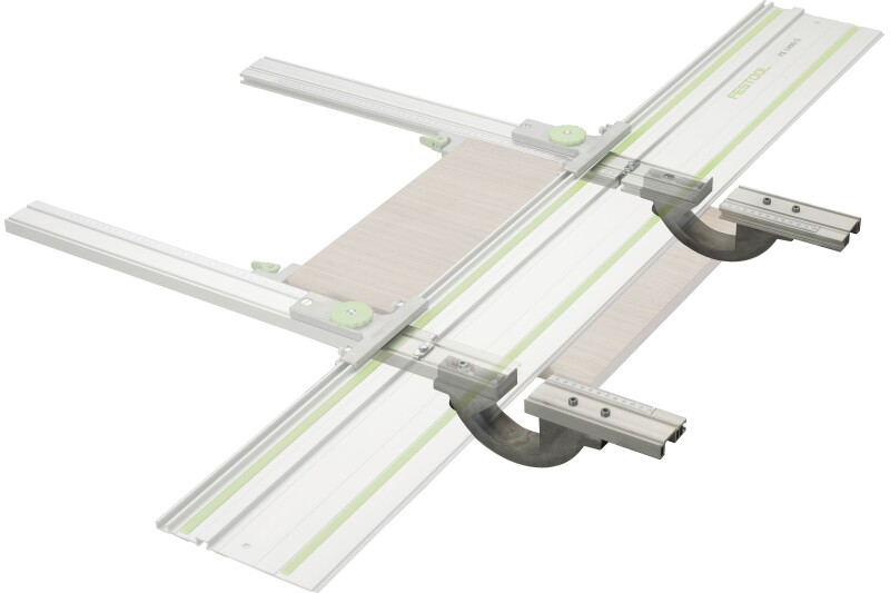 A Festool parallel guide system attached to a guide rail, with measuring bars and stops, designed for making precise parallel cuts in wood.