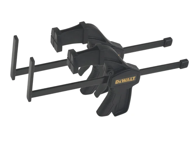 Two black DeWalt trigger clamps with yellow logos are shown on a white background, positioned parallel to each other with their jaws and handles facing opposite directions.