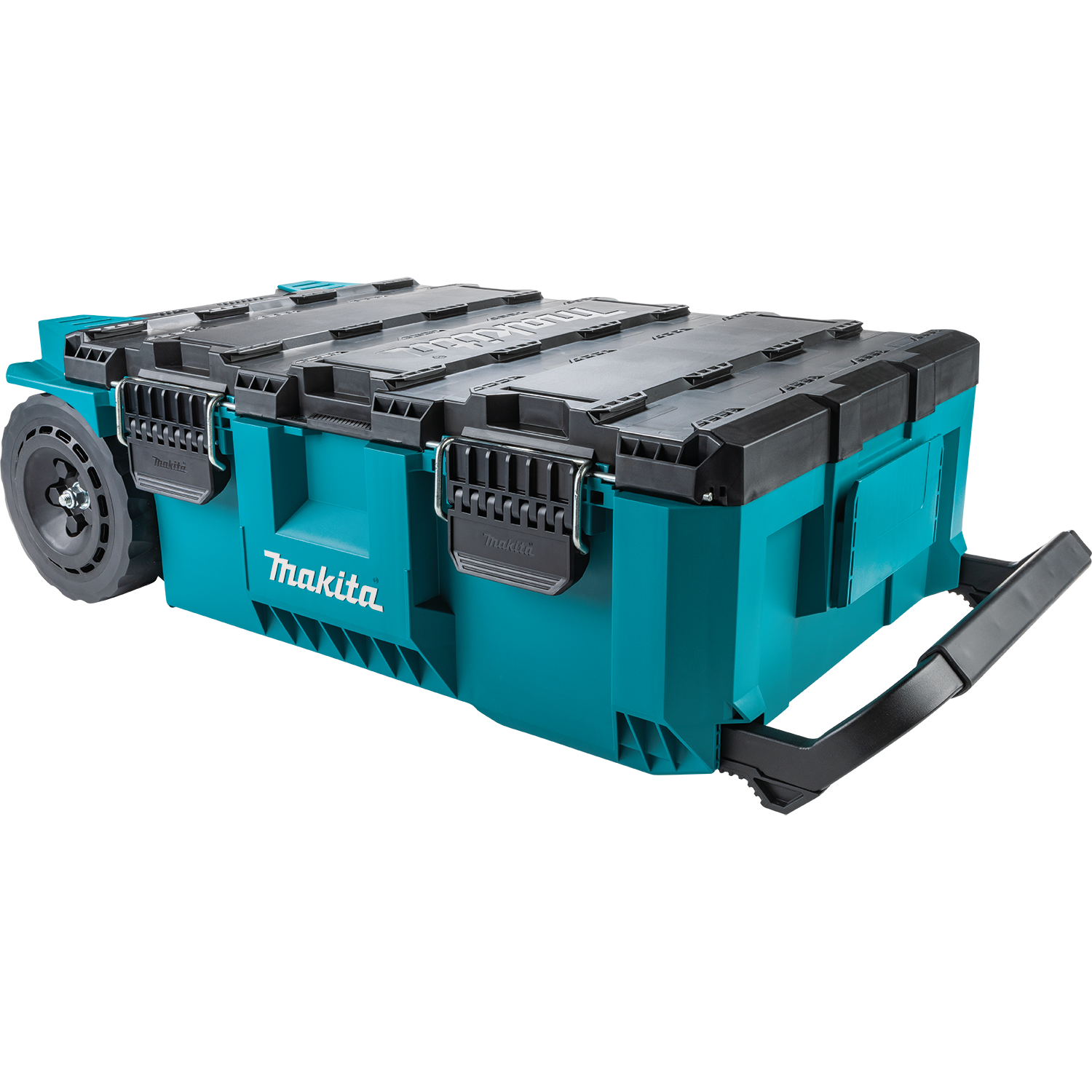 The Makita P-91001 MakTrak Rolling Tool Chest is blue with black latches, a sturdy handle, two large wheels for easy transport, and features the Makita logo on its rectangular body.