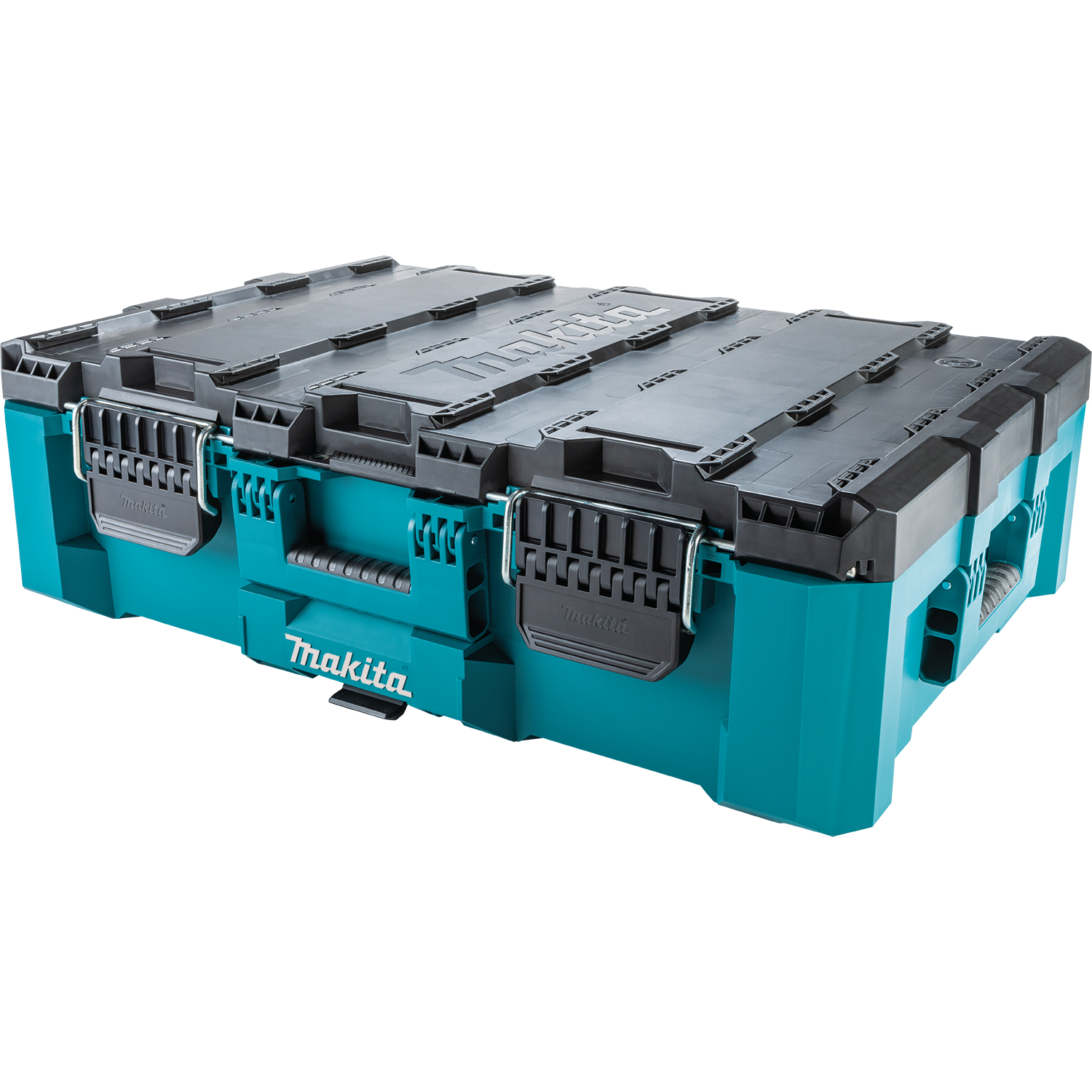 The Makita P-91001 MakTrak Rolling Tool Chest features a rugged teal and black plastic design, sturdy handles, and secure latches—ideal for easy tool organization and transport.