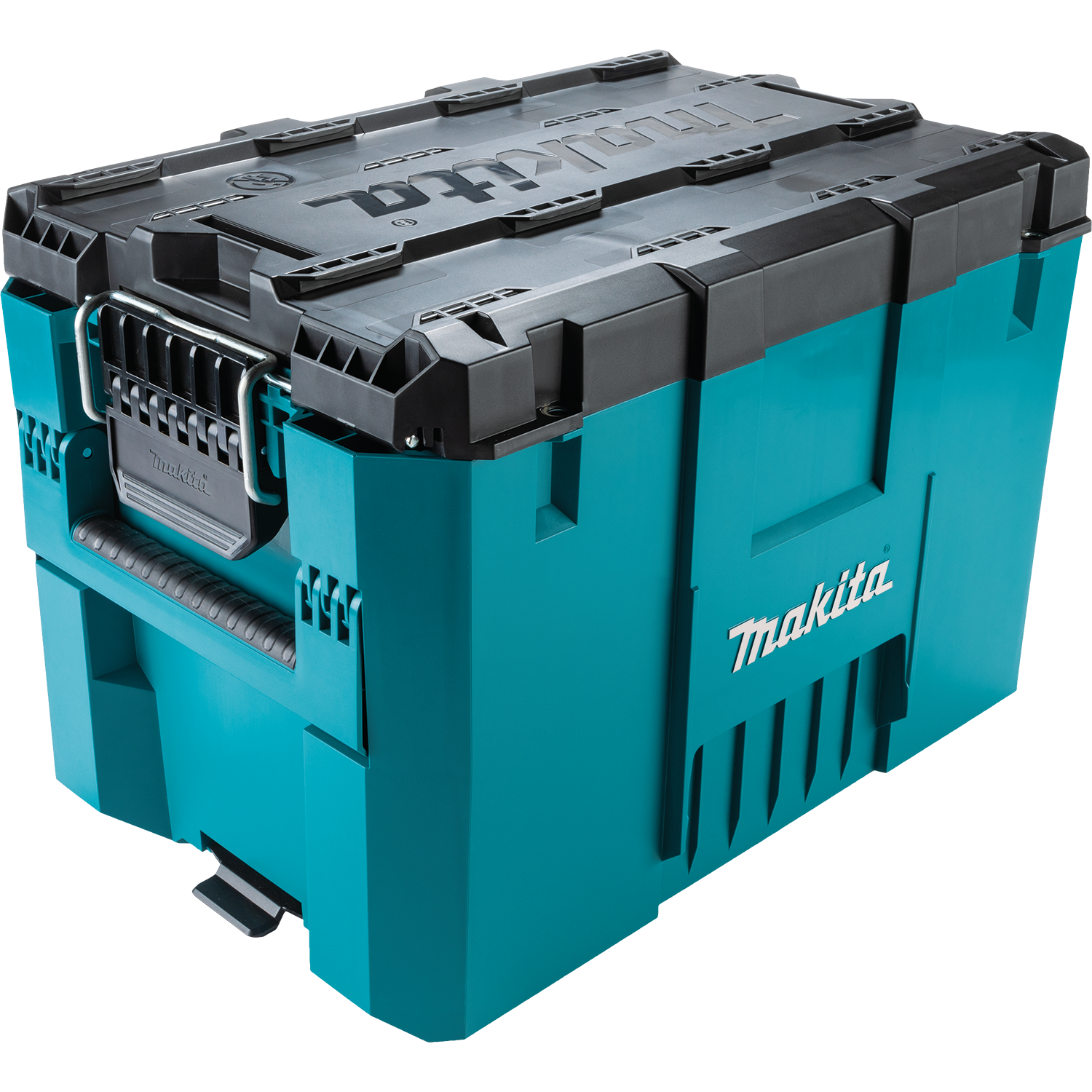 The Makita P-91001 MakTrak Rolling Tool Chest is a blue and black storage box with a sturdy handle, secure latches, Makita branding, and a rugged stackable design for heavy-duty use.