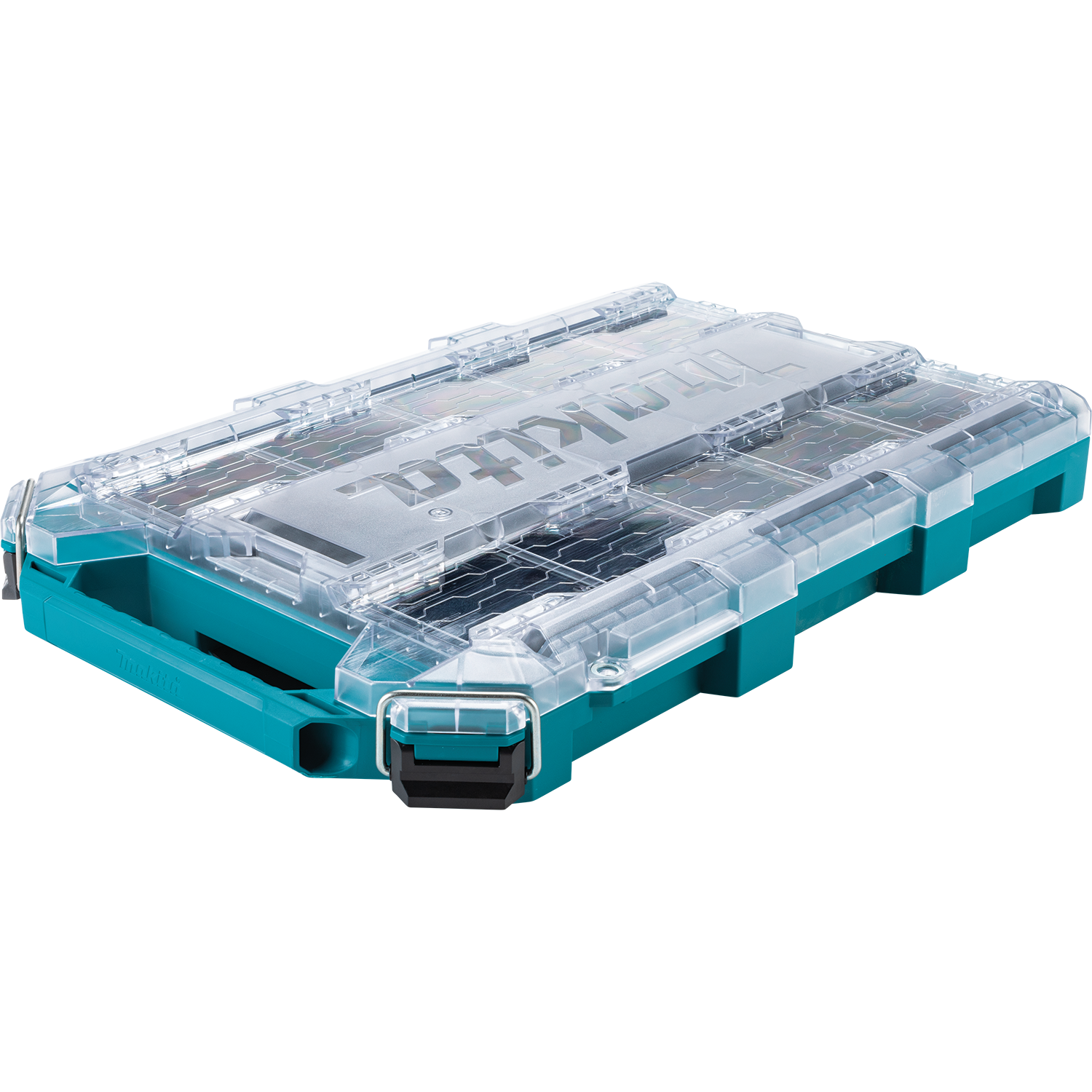 The Makita P-91001 MakTrak Rolling Tool Chest features a teal and clear case with a transparent lid, secure latches, and a compact design—ideal for organizing small tools or accessories.