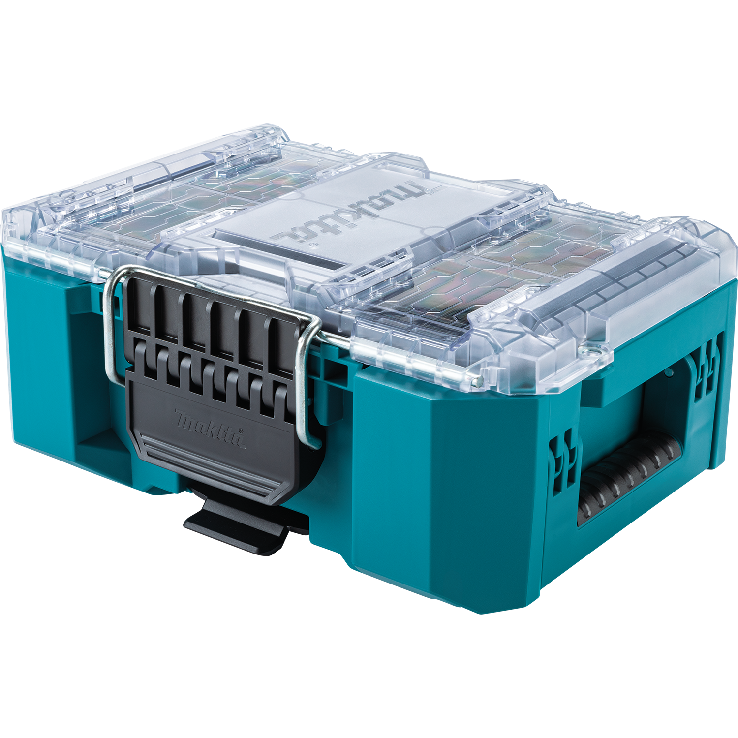 The Makita P-91001 MakTrak Rolling Tool Chest features a teal storage box with a transparent lid, black handle, and metal latch—ideal for organizing tools and accessories, and compatible with the MakTrak system.