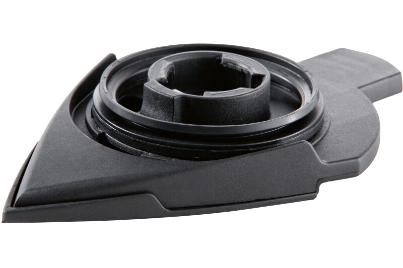 A black, triangular-shaped plastic component with a central circular opening and layered ridges, placed on a flat white background.