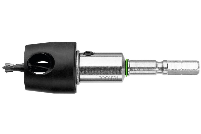 A close-up image of a drill bit with a black plastic depth stop attachment and metal shank, positioned horizontally on a white background.