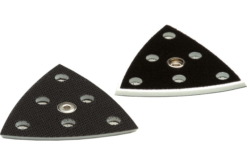 Two black, triangular sanding pad attachments with circular holes and a textured surface, displayed against a white background.
