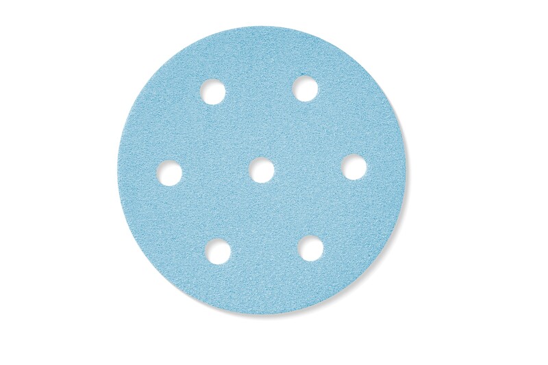 A round, light blue sandpaper disc with seven evenly spaced holes arranged in a circular pattern, shown on a white background.