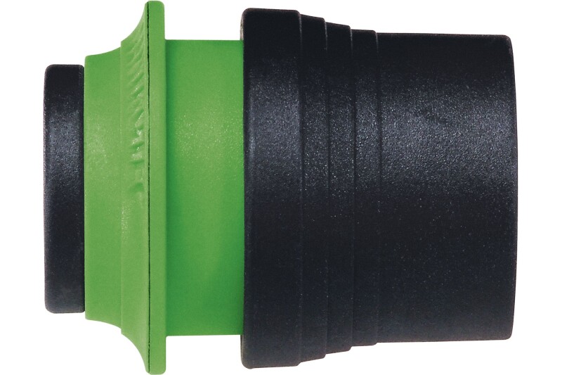 A close-up of a plastic hose connector with a green middle section and black ends, shown against a white background.