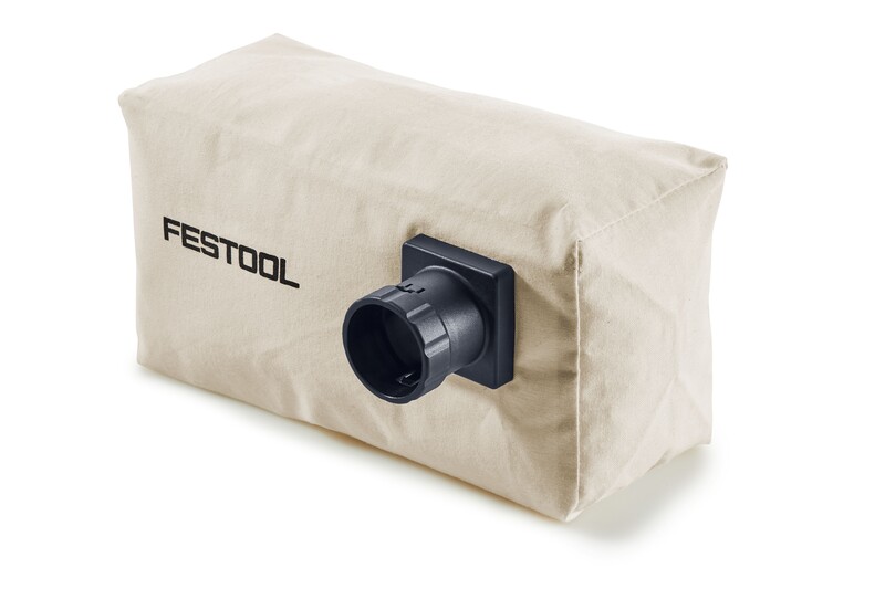 A rectangular beige dust collection bag with a black plastic nozzle attachment and the Festool logo printed on the side.