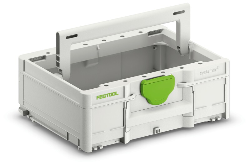 A white and gray Festool storage container with a green latch, open top, and a foldable carrying handle. The container has a sturdy, boxy design and is intended for organizing and transporting tools or supplies.