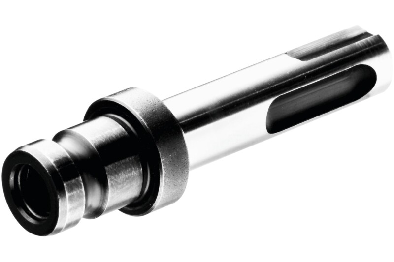 A close-up view of a metallic SDS drill bit shank adapter with grooves and slots, isolated on a white background.