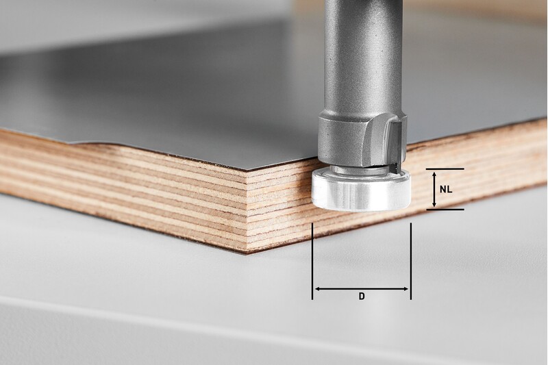 A close-up of a tool measuring the thickness of a wooden board with a metallic surface. Two labeled lines, NL and D, indicate dimensions of the wood and the measurement.