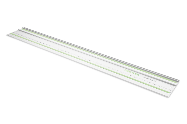 A long, straight, silver and white metal guide rail with measurement markings and the brand name Festool printed in green. Used as an accessory for power tools, especially saws, to ensure accurate cuts.