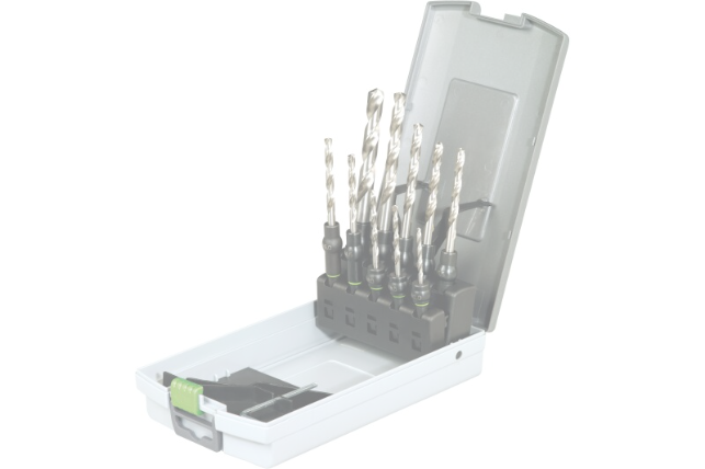 A set of drill bits arranged in a plastic storage case with the lid open, showing multiple drill bits of different sizes securely held in place.