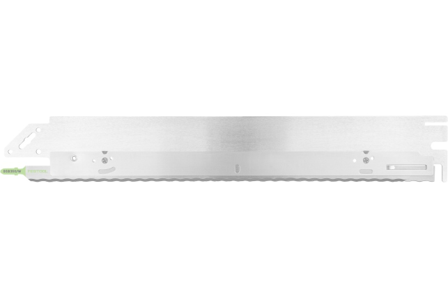 A long, flat, metallic Festool saw blade with zigzag teeth along one edge, several small holes and notches, and alignment markings on its surface.