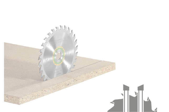 A circular saw blade partially embedded in a sheet of particle board, positioned near the edge and making a straight cut. An illustrated diagram of saw teeth appears in the bottom right corner.