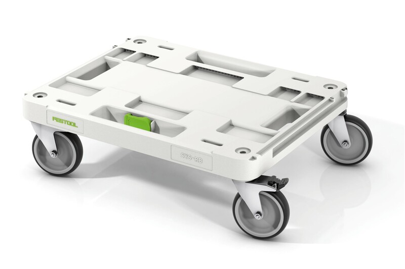 A white plastic tool cart with four large gray caster wheels, a flat top surface, and built-in handles and green accents, designed for transporting equipment or storage boxes.