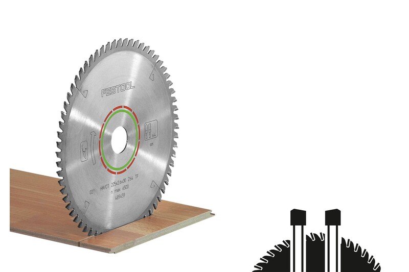 A circular saw blade partially embedded in a wooden plank, shown upright, with a simple black-and-white diagram of two blades at the lower right corner on a white background.