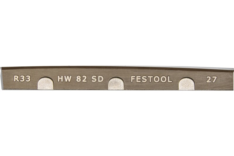 A close-up of a metallic Festool blade marked with R33, HW 82 SD, FESTOOL, and 27, featuring three curved notches along its edge.