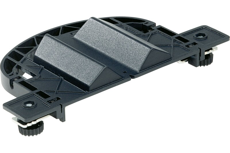 Black plastic miter gauge for a table saw, featuring an adjustable fence and two knobs for securing it in place, designed to help guide wood at precise angles during cutting.