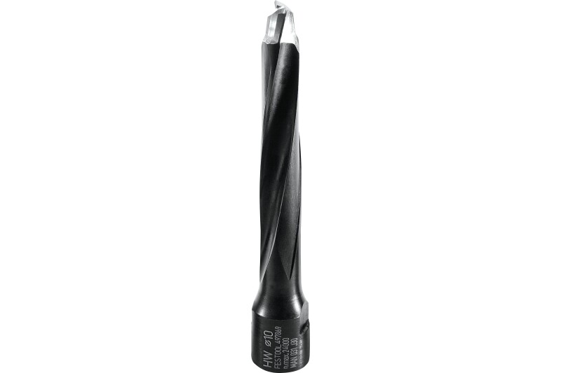 A black metal twist drill bit with a sharp, pointed tip and spiral flutes, standing vertically against a white background.