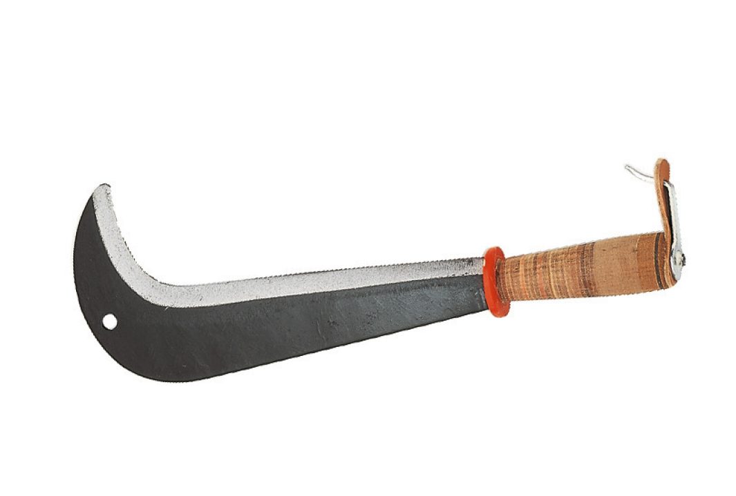 The Swiss Bush Hook is a sickle-shaped agricultural machete with a curved black blade and wrapped wooden handle for clearing vegetation.