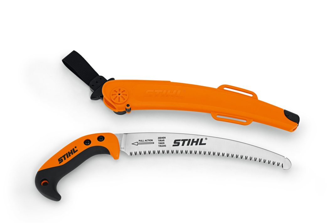 A Stihl PR27C MEGACUT Pruning Saw with an orange and black handle next to its orange sheath on a white background.