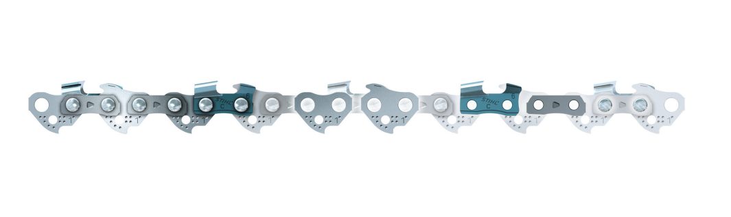 Close-up of the Chain loop RS 3/8 063, silver and blue, displayed horizontally on a white background with visible cutting teeth and links.